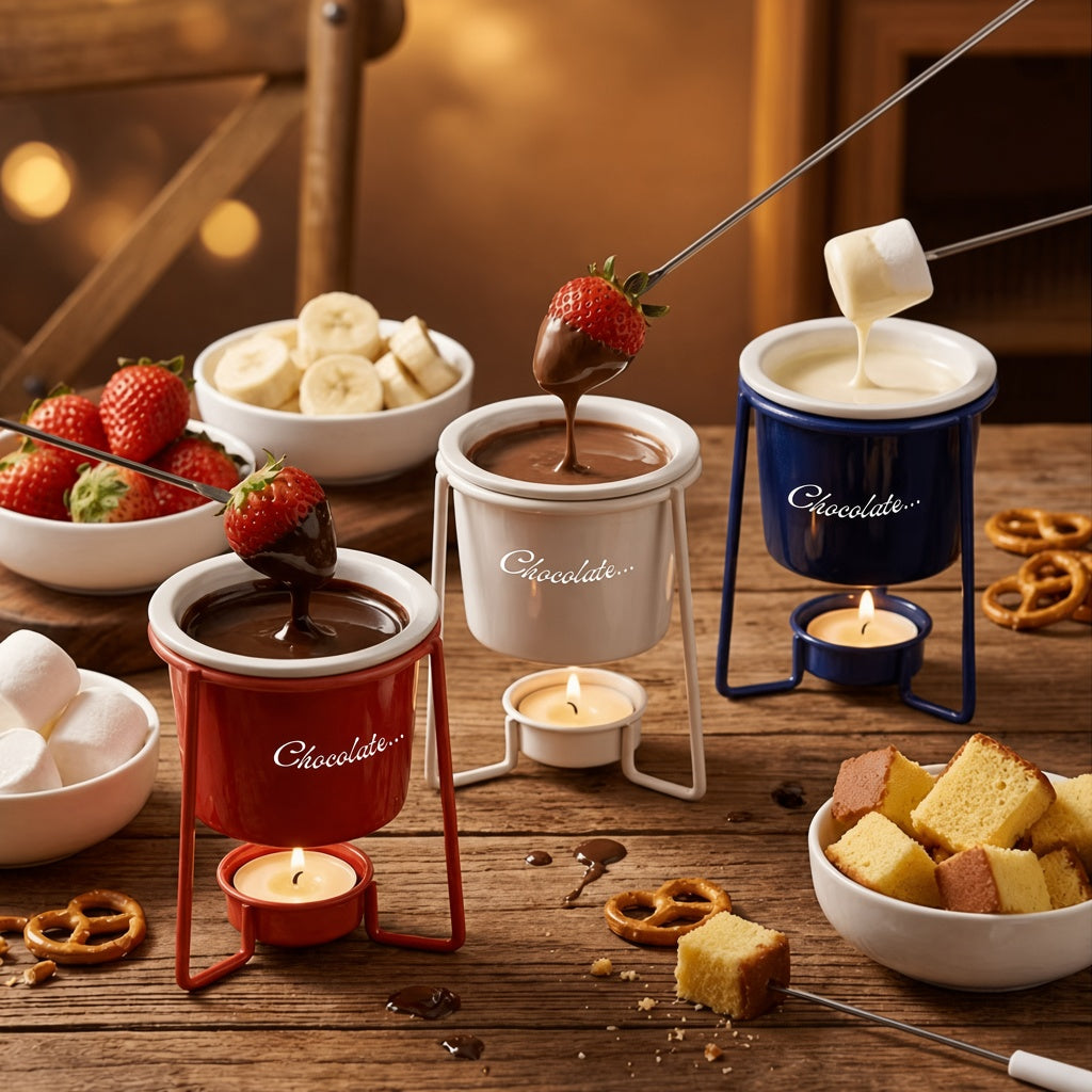 Red, white and blue chocolate fondue sets with strawberries, marshmallows, banana and pretzels