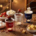 Red, white and blue chocolate fondue sets with strawberries, marshmallows, banana and pretzels