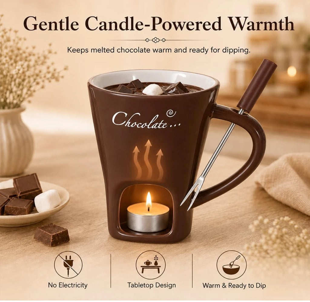 Chocolate warmer mug with melted chocolate, chocolate chunks and a marshmallow