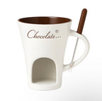 White ceramic chocolate warmer mug with built-in candle chamber and dipping fork